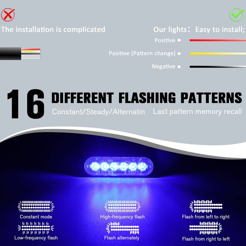 DIBMS LED Emergency Strobe Lights Bar 8x Blue 6 LED Strobe Warning Emergency Flashing Light Caution Construction Hazard Light Bar For Car Truck Van Off Road Vehicle ATV SUV Surface Mount - Image 5